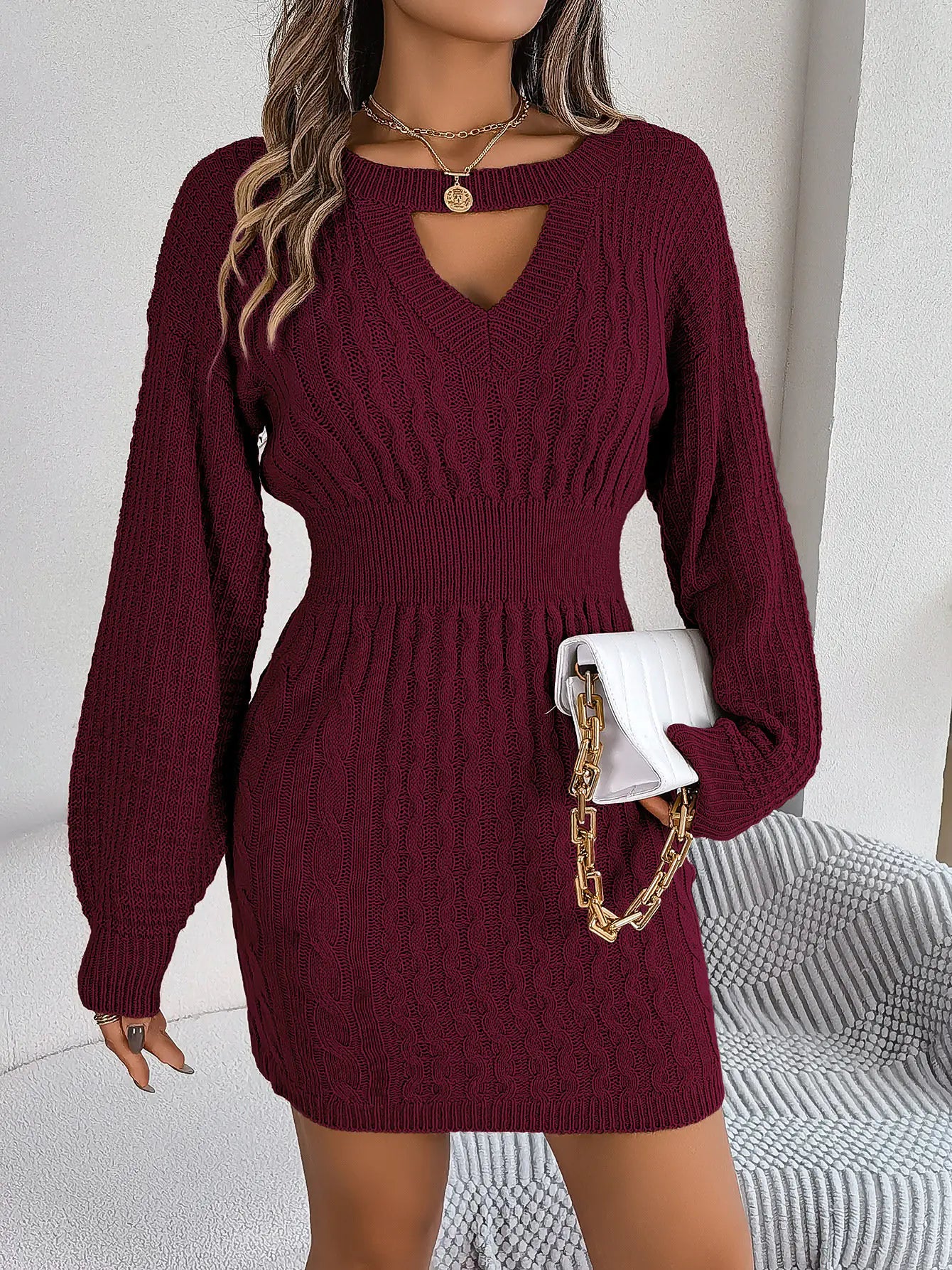 Solid Color Twist Hollow - out Lantern Sleeve Dress - CHRISTOPHER RICHARDSON LIFESTYLE BOUTIQUE