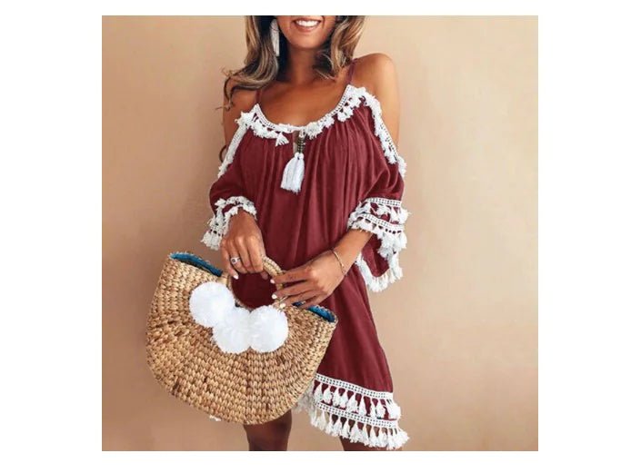 Fringe Neckline Solid Color Off-Shoulder Dress