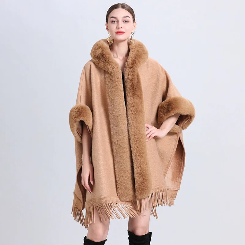 Fur Collar Knitted Poncho with Hoodie - CHRISTOPHER RICHARDSON LIFESTYLE BOUTIQUE