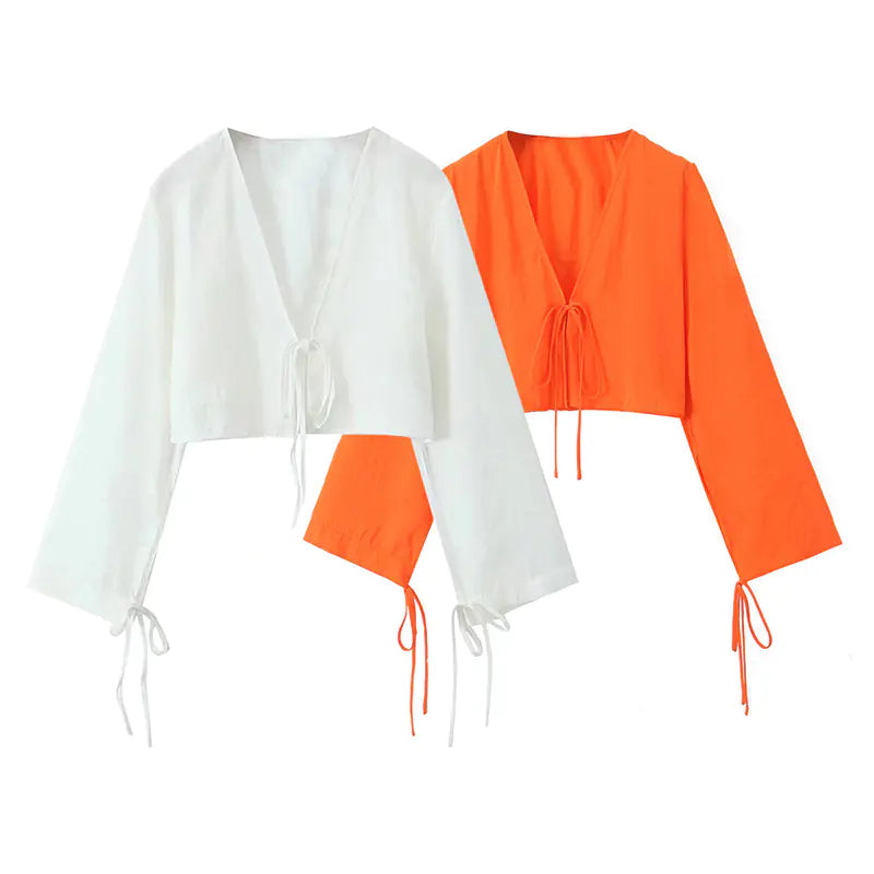 Casual V-Neck Long Sleeve Tie-Front Top