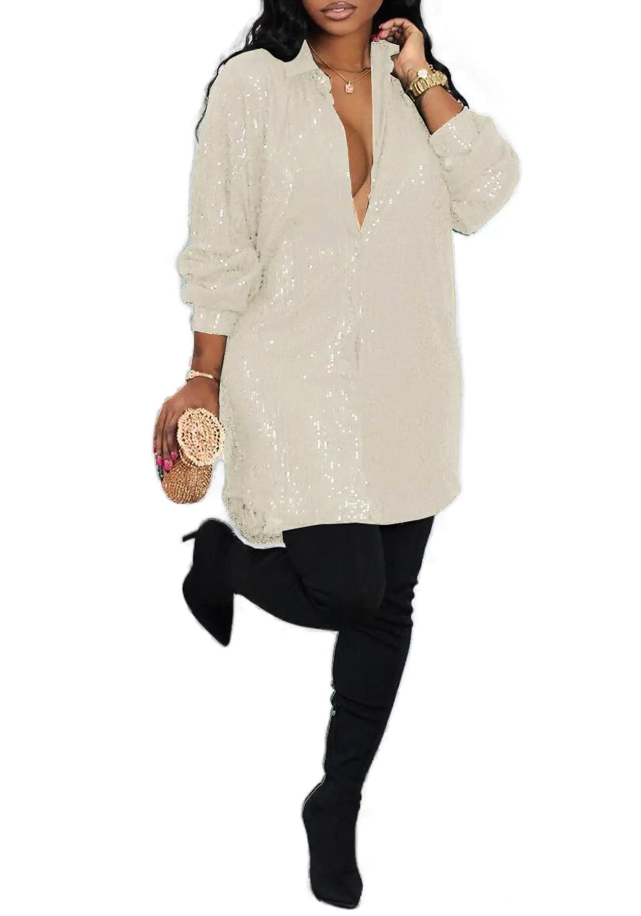 Ecirod Womens Sequin Button Down Mini Dress Plus Size Sexy V Neck Long Sleeve Shirt Dresses Apricot