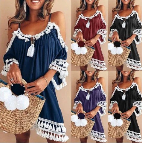 Fringe Neckline Solid Color Off-Shoulder Dress