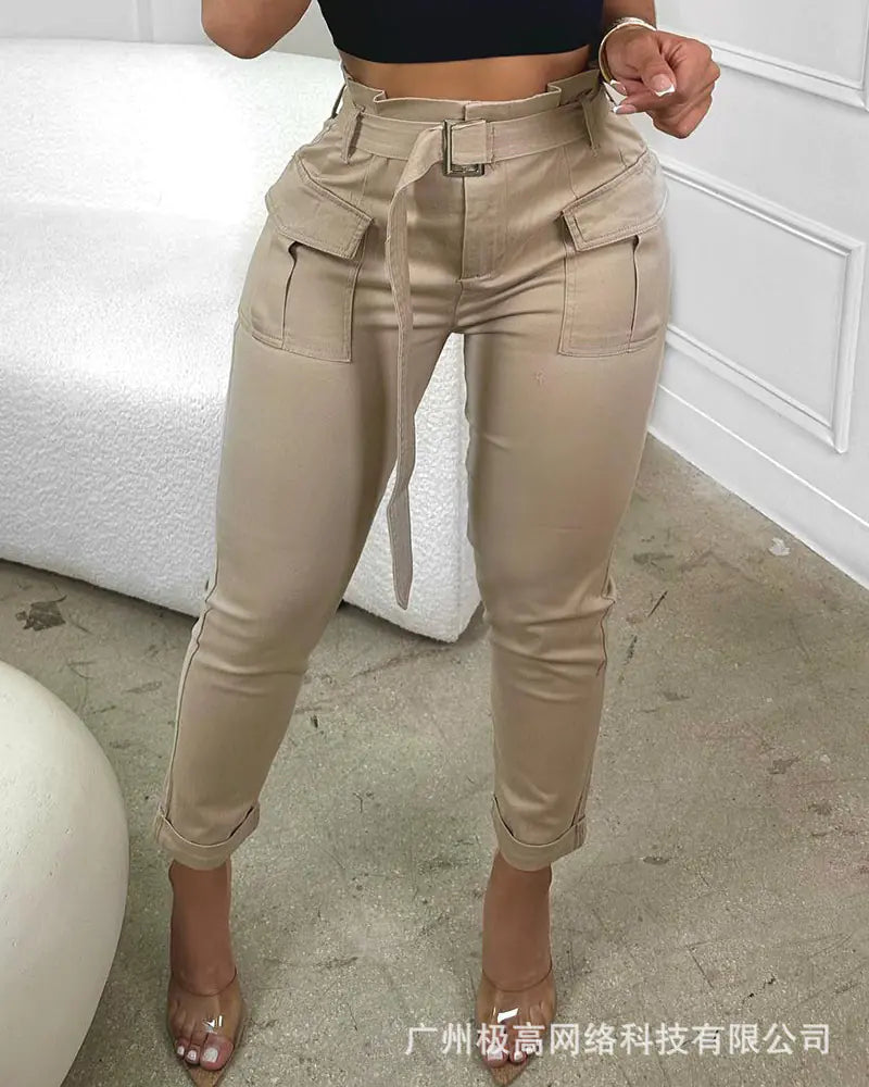 2023 Fashion Women's Khaki High-Waist Cargo Pants