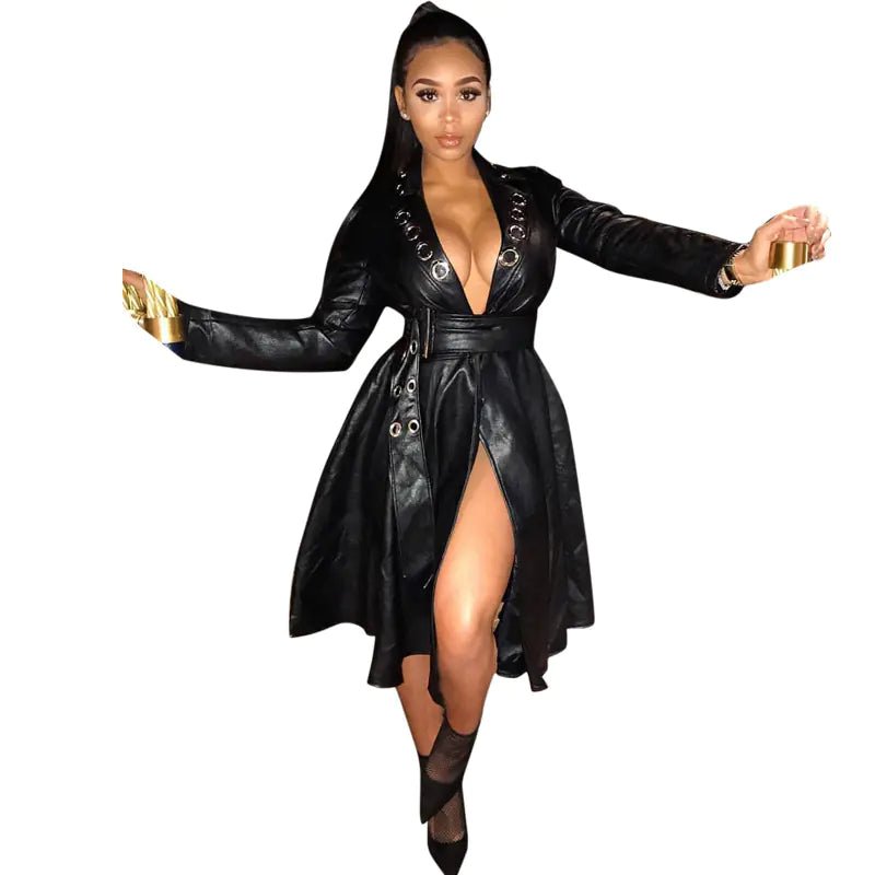 Sexy Women's V - Neck Leather Jacket with Studded Belt - CHRISTOPHER RICHARDSON LIFESTYLE BOUTIQUE