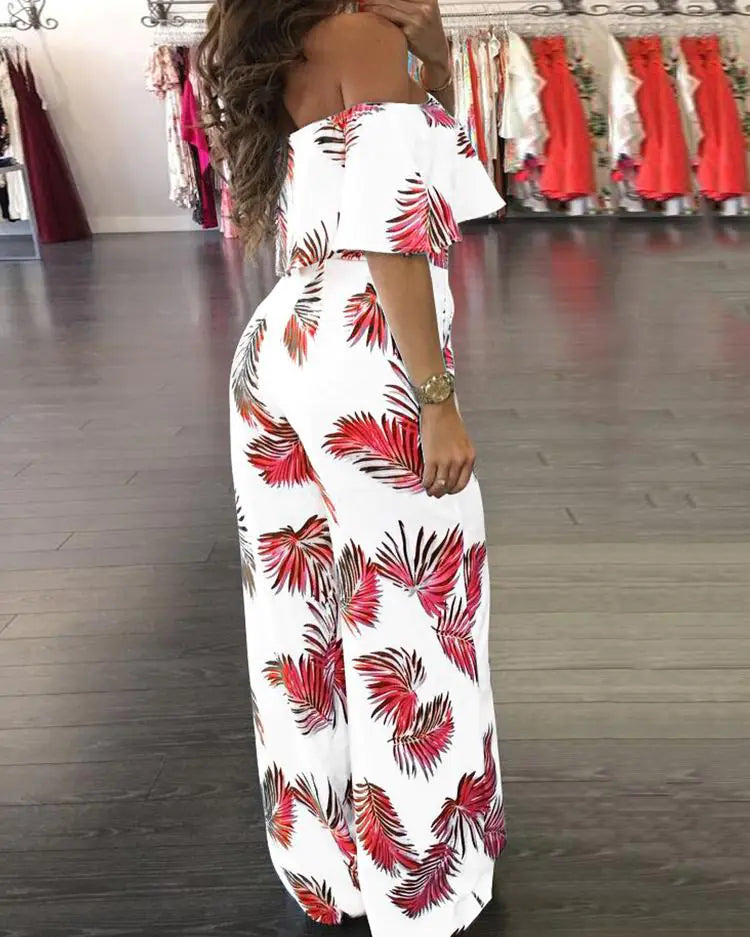 Floral Off-Shoulder Ruffled Loose Jumpsuit