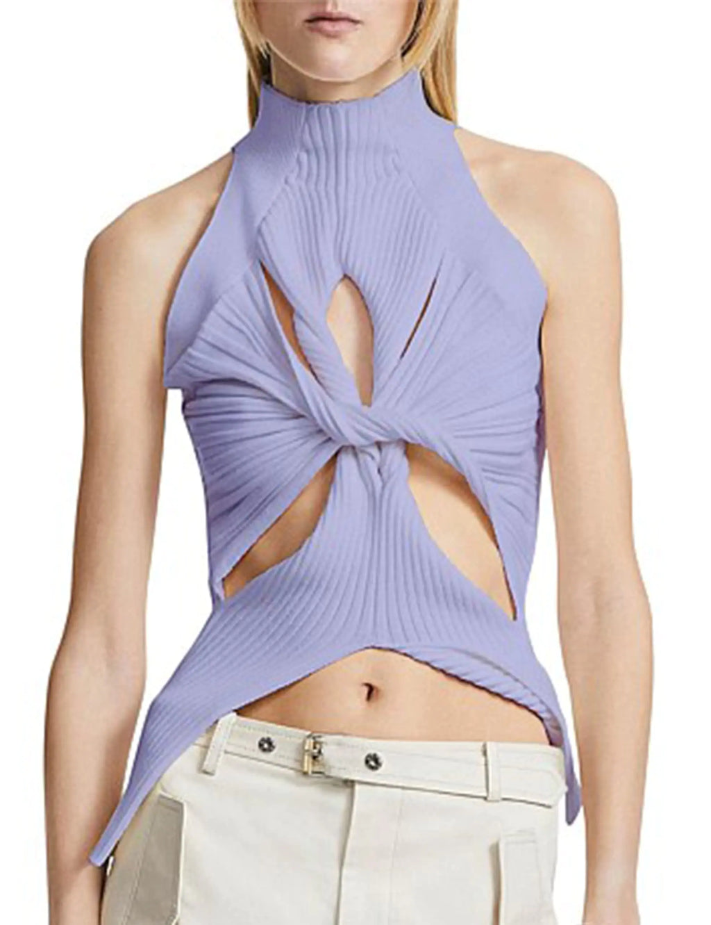 SAFRISIOR Women Sexy Hollow Out Twist Front Knitted Tank Tops Sleeveless High Neck Cut Out Sweater Vest Purple