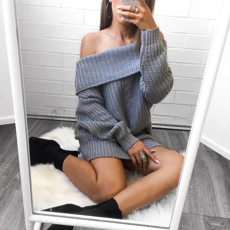 Fashionable Long Knit Sweater with Off-Shoulder Collar