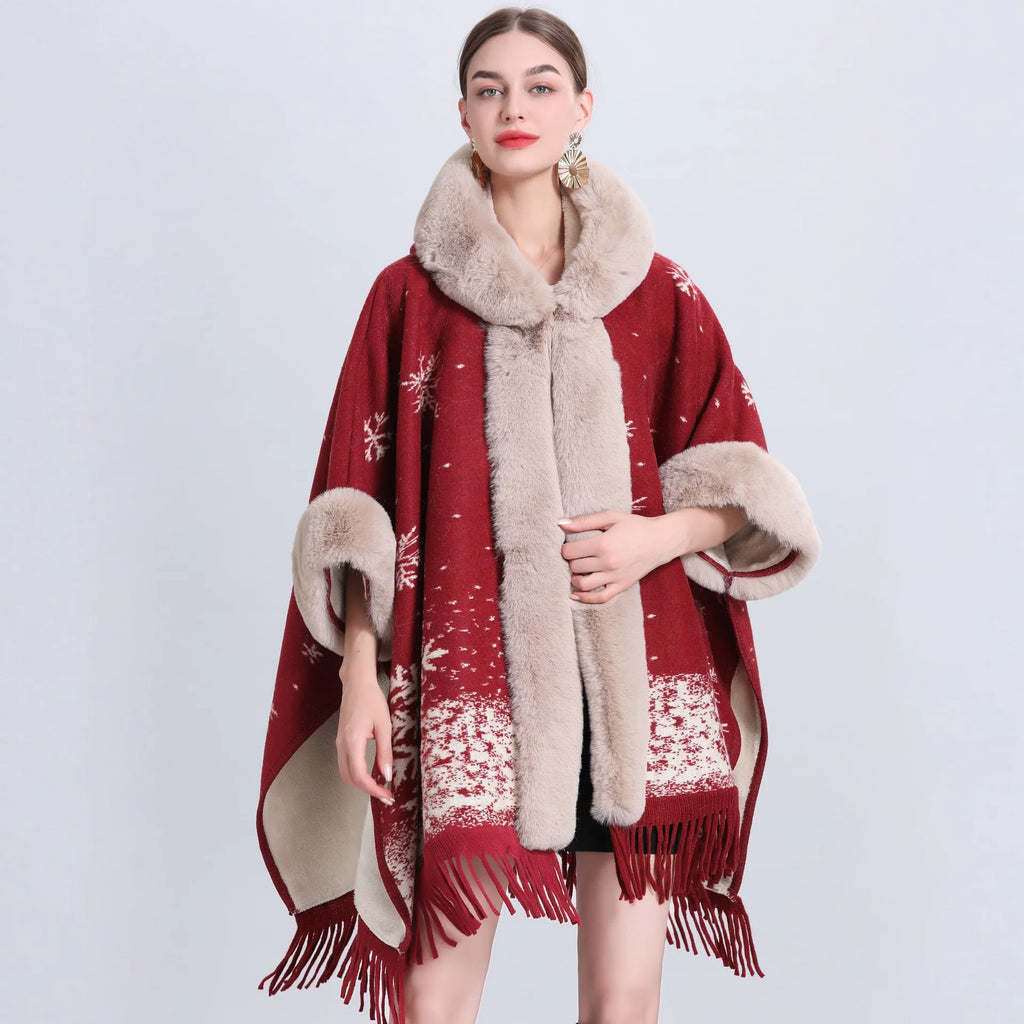 Fur Collar Knitted Poncho with Hoodie - CHRISTOPHER RICHARDSON LIFESTYLE BOUTIQUE