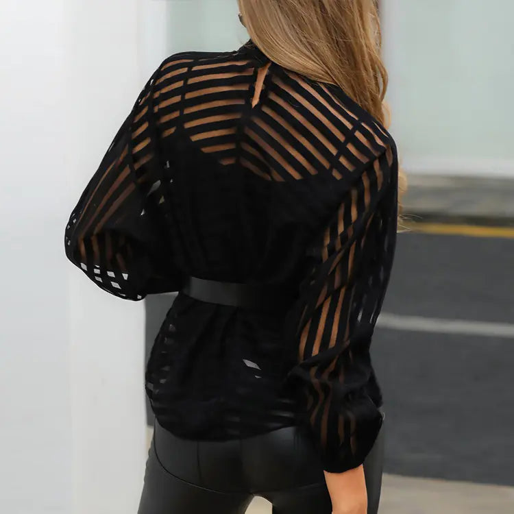Autumn Women's Striped Sheer Long Sleeve Top