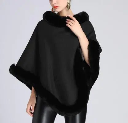 Justine Women's Poncho with Faux Rabbit Fur Collar