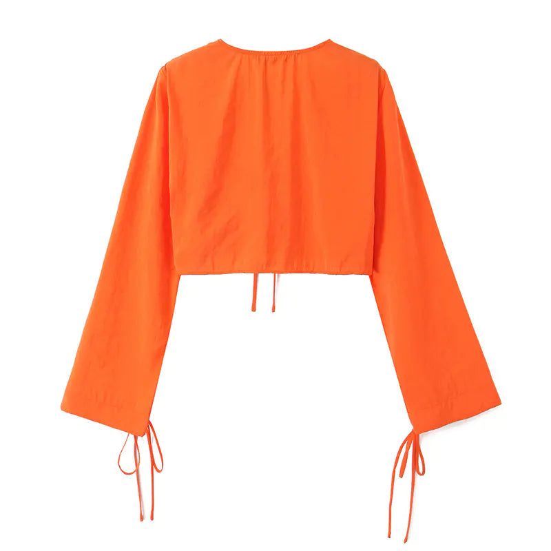 Casual V-Neck Long Sleeve Tie-Front Top