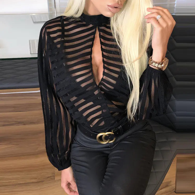 Autumn Women's Striped Sheer Long Sleeve Top