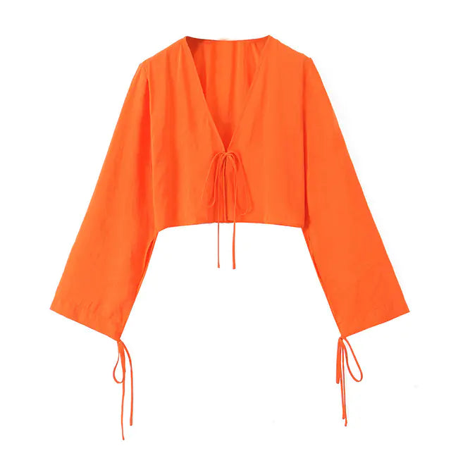 Casual V-Neck Long Sleeve Tie-Front Top