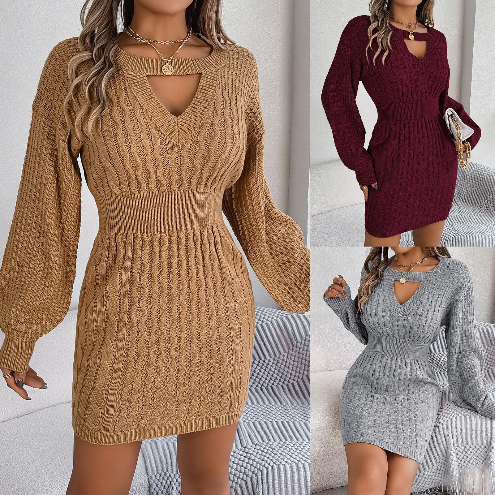 Solid Color Twist Hollow - out Lantern Sleeve Dress - CHRISTOPHER RICHARDSON LIFESTYLE BOUTIQUE