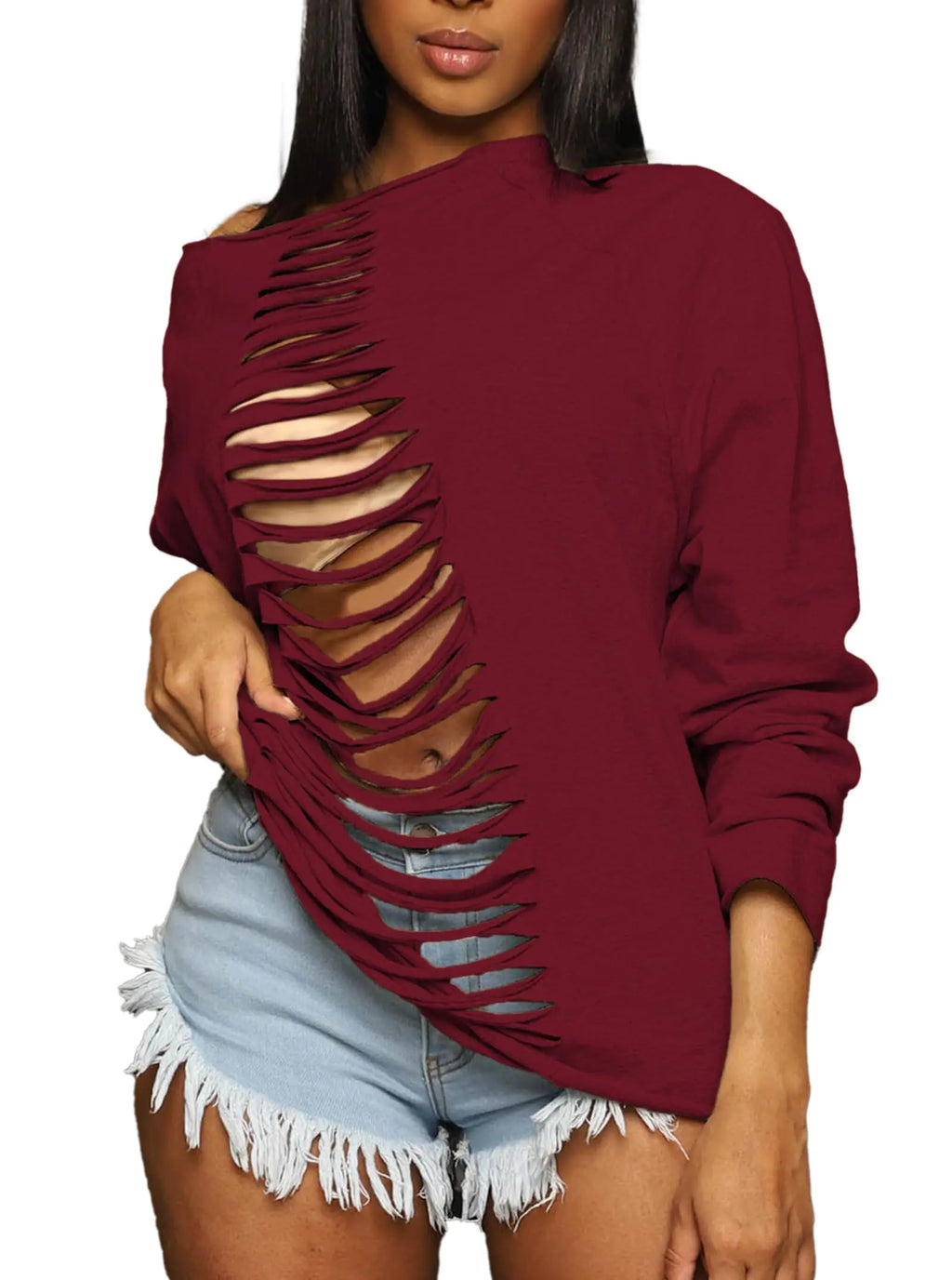 Hilinker Womens Off Shoulder Sweatshirt Sexy Hollow Out Long Sleeve Crewneck Sweatshirts Burgundy Small - CHRISTOPHER RICHARDSON LIFESTYLE BOUTIQUE