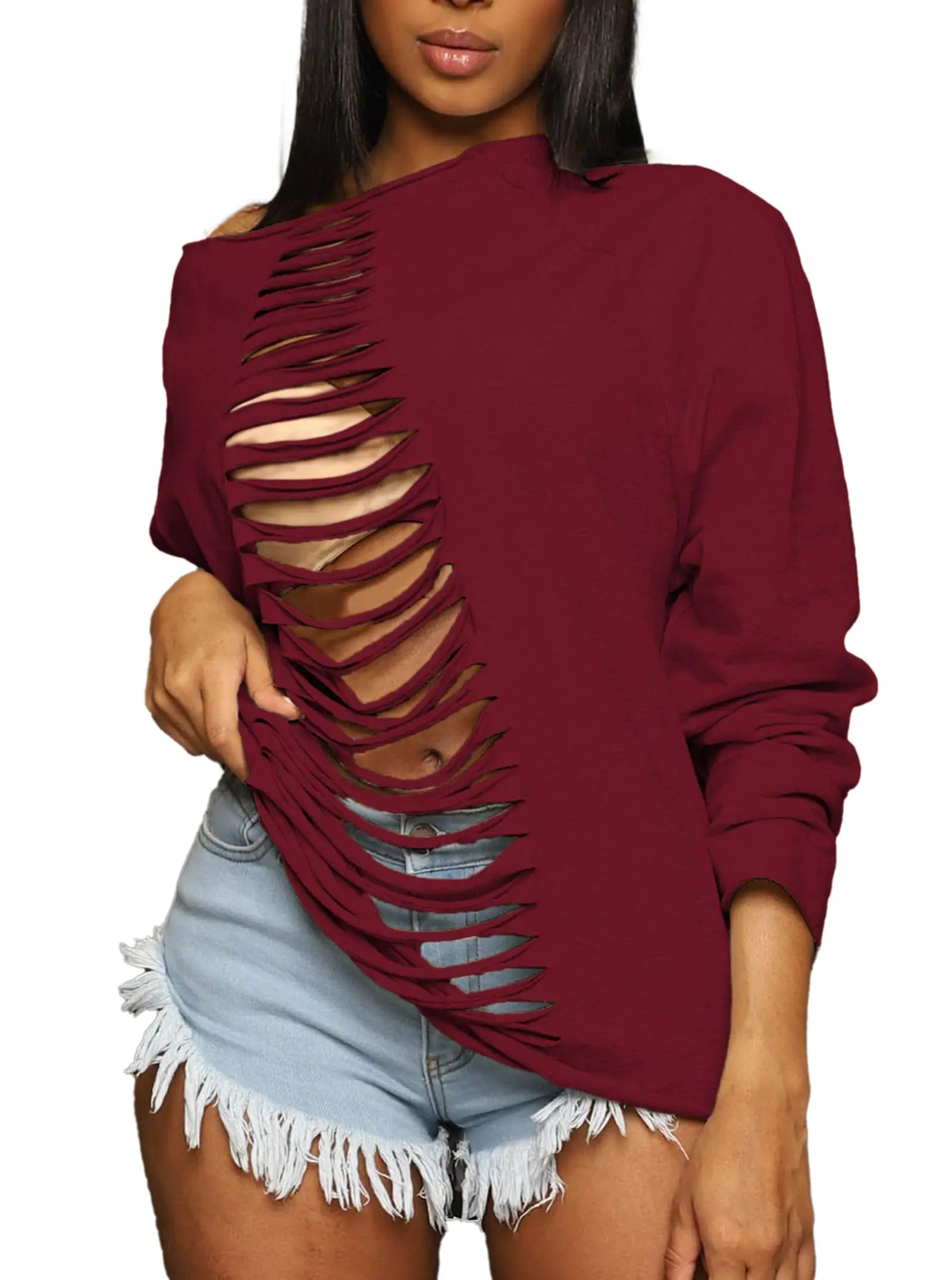 Hilinker Womens Off Shoulder Sweatshirt Sexy Hollow Out Long Sleeve Crewneck Sweatshirts Burgundy Small
