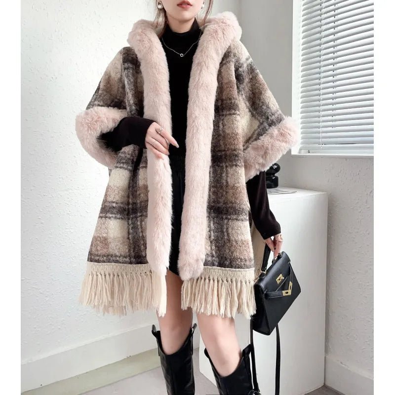 Plaid Printed Poncho With Fur Collar - CHRISTOPHER RICHARDSON LIFESTYLE BOUTIQUE