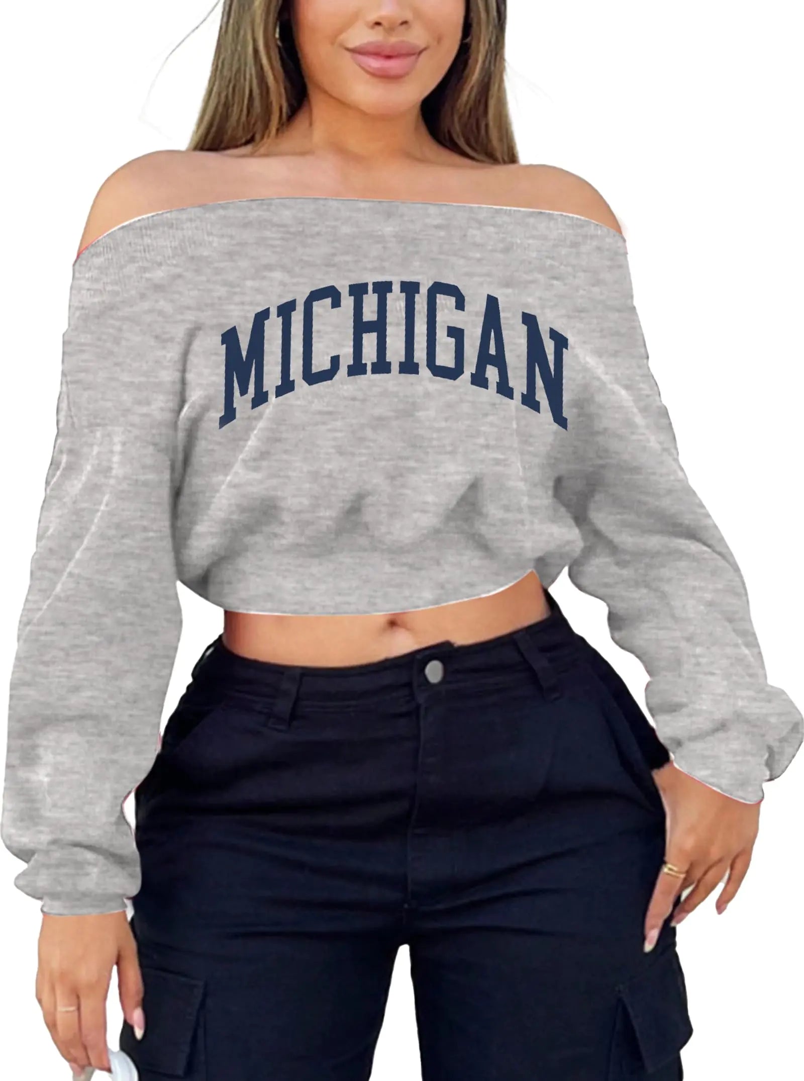 Hilinker Womens Off Shoulder Graphic Crop Sweatshirt Long Sleeve Pullover Tops Grey Michigan Medium
