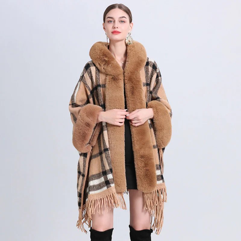 Fur Collar Knitted Poncho with Hoodie - CHRISTOPHER RICHARDSON LIFESTYLE BOUTIQUE
