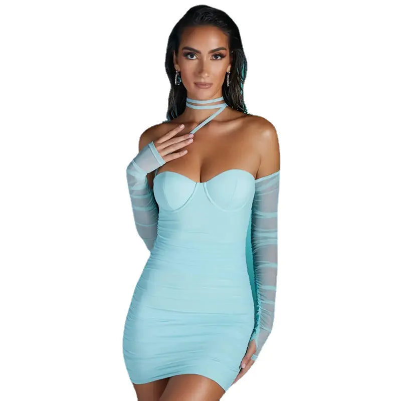 2024 Spring Women's Solid Color Mesh Long Sleeve Dress