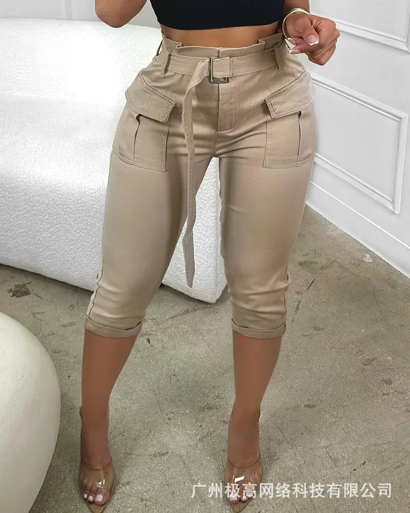 2023 Fashion Women's Khaki High-Waist Cargo Pants