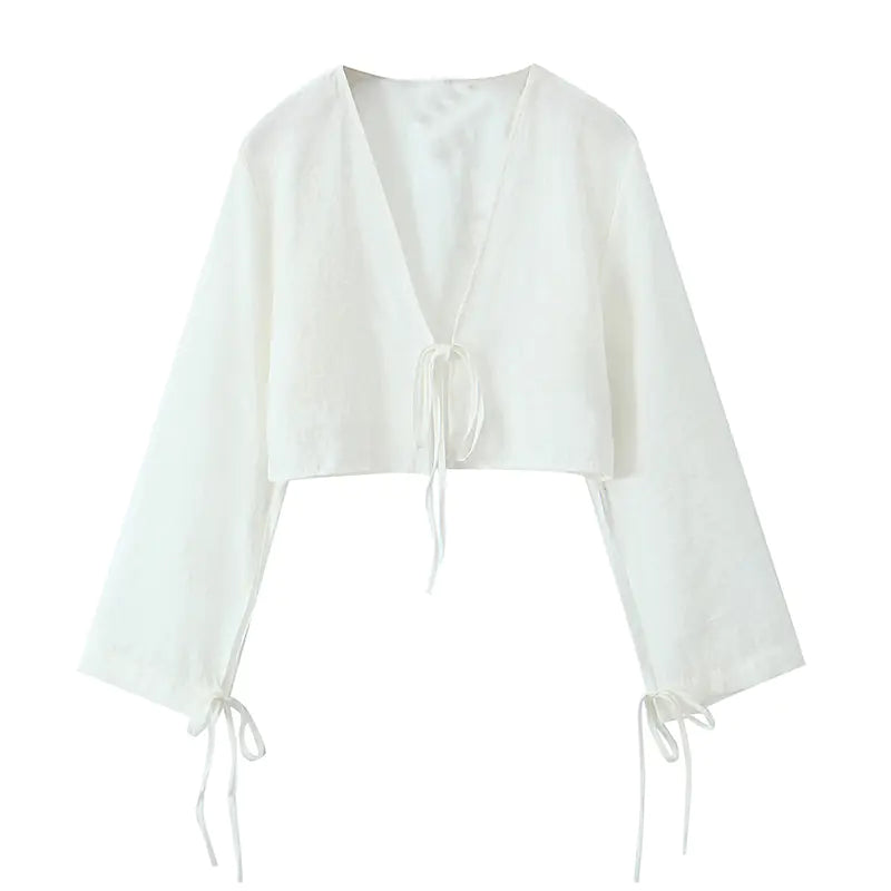 Casual V-Neck Long Sleeve Tie-Front Top
