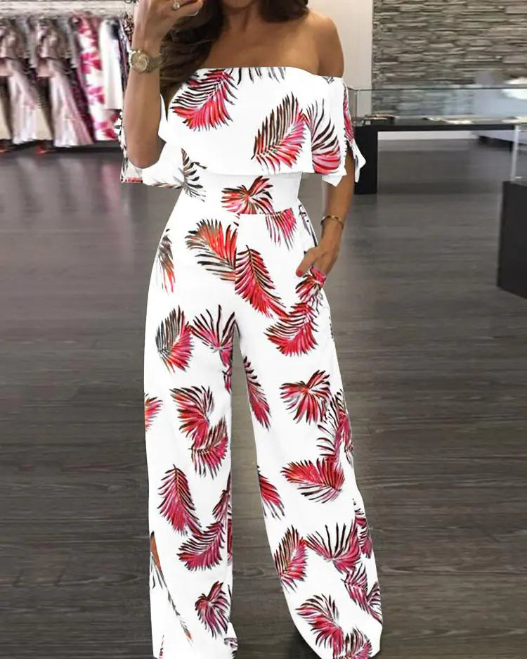 Floral Off-Shoulder Ruffled Loose Jumpsuit