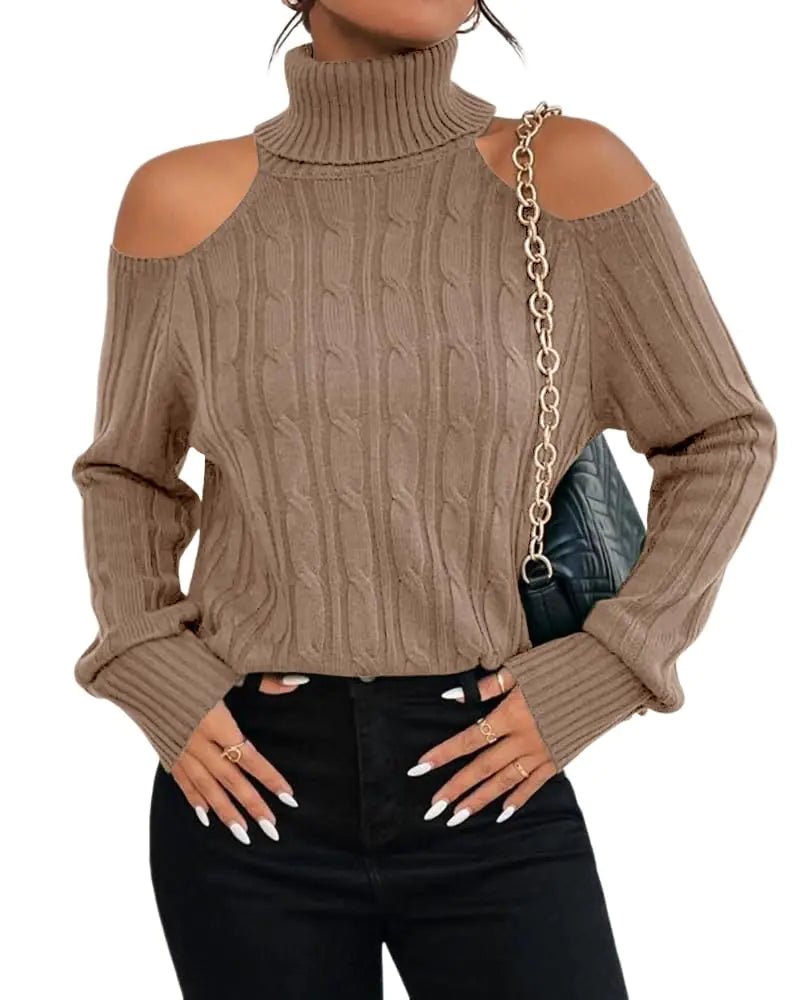 Langwyqu Womens Cold Shoulder Turtleneck Sweaters 2024 Fall Long Sleeve Soft Cable Knit Pullovers Sexy Jumper Tops Khaki - CHRISTOPHER RICHARDSON LIFESTYLE BOUTIQUE