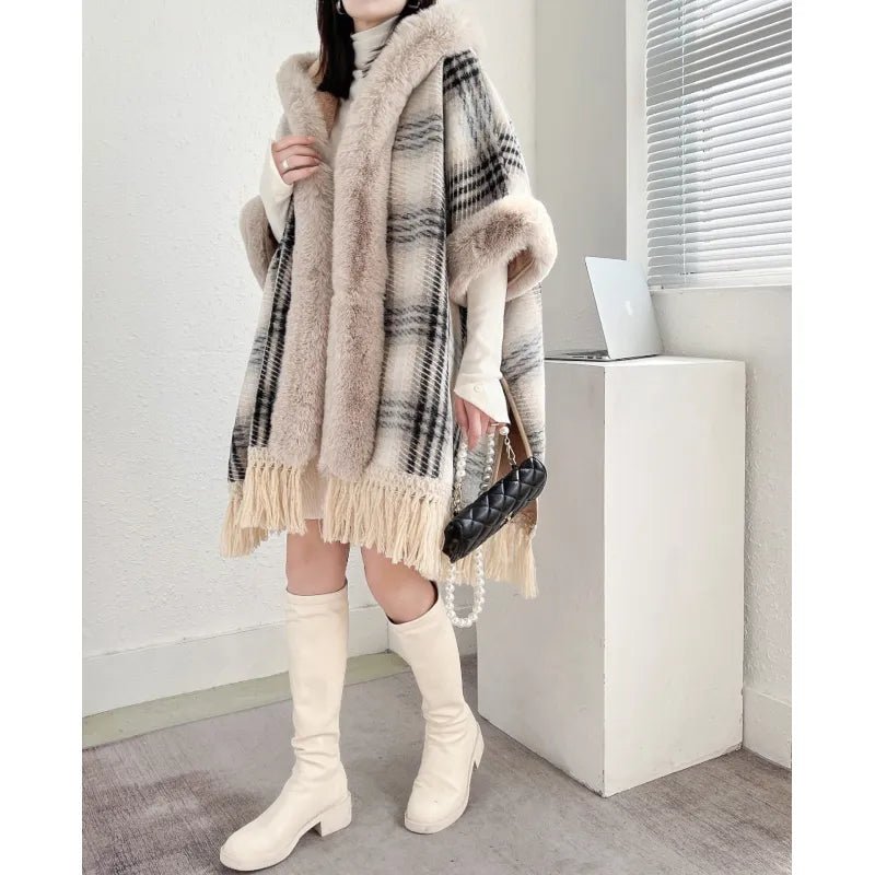 Plaid Printed Poncho With Fur Collar - CHRISTOPHER RICHARDSON LIFESTYLE BOUTIQUE