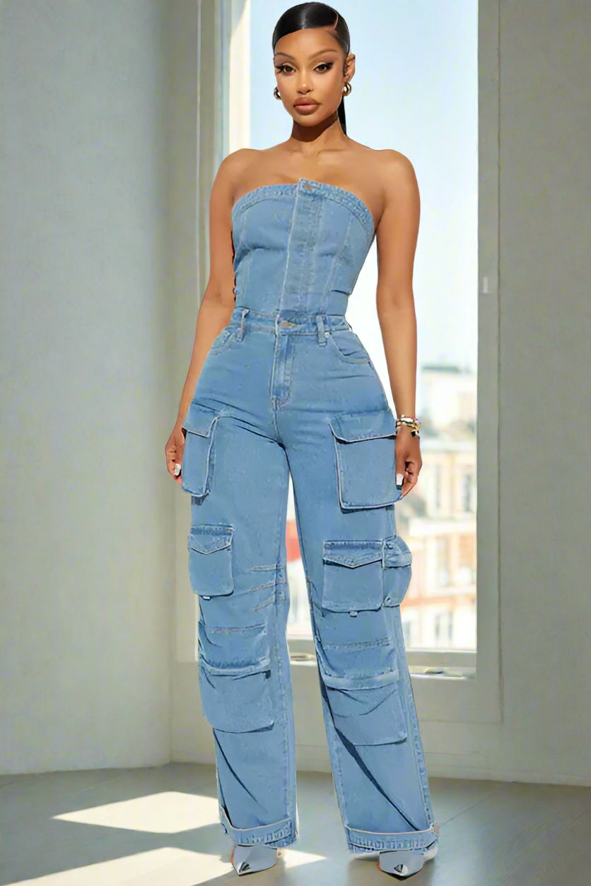 FF1287 Women's Sleeveless Solid Color Denim Jumpsuit