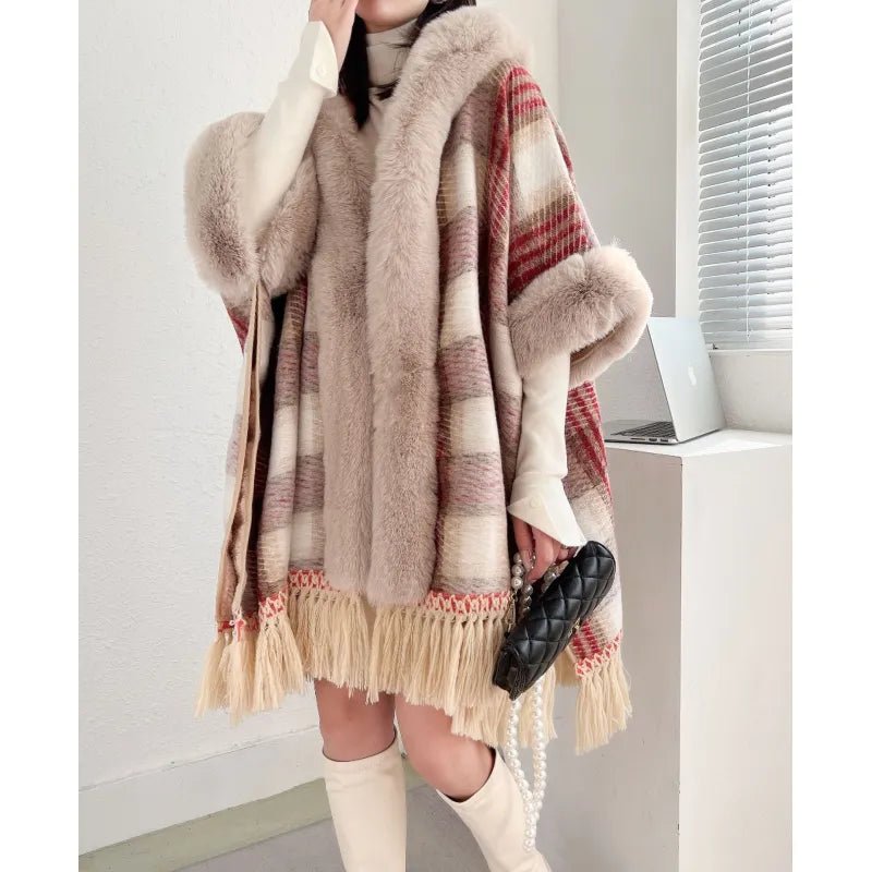 Plaid Printed Poncho With Fur Collar - CHRISTOPHER RICHARDSON LIFESTYLE BOUTIQUE
