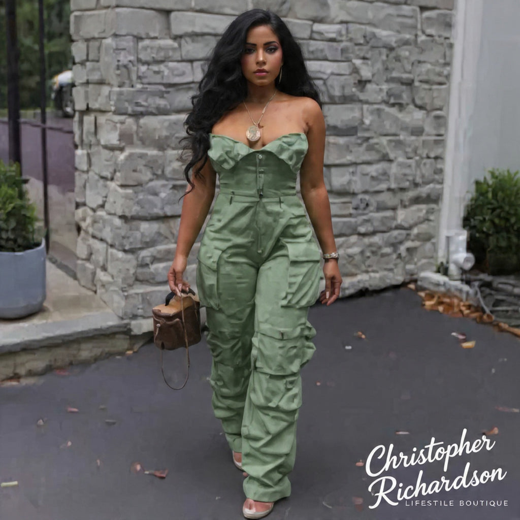 2024 Women's Fashion Sexy Strapless Jumpsuit with Pockets