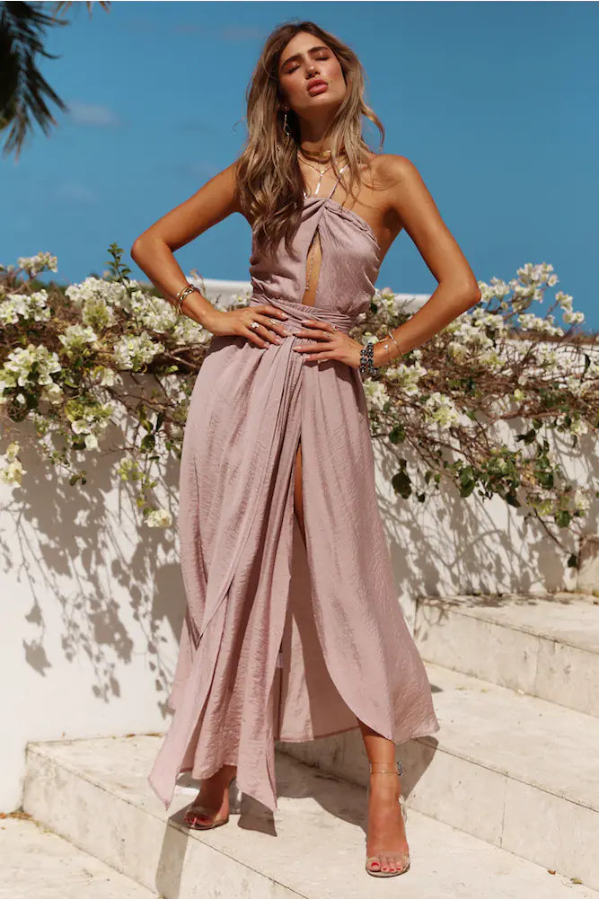 Backless Halter Neck Maxi Dress with Slits