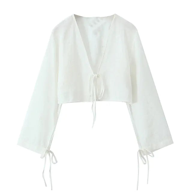 Casual V-Neck Long Sleeve Tie-Front Top
