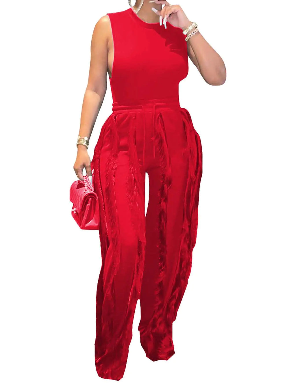 WOKANSE Womens Plain Sexy Bodycon Crew Neck Basic Tank Top with Tassel Long Pants 2 Piece Outfits Red XXL