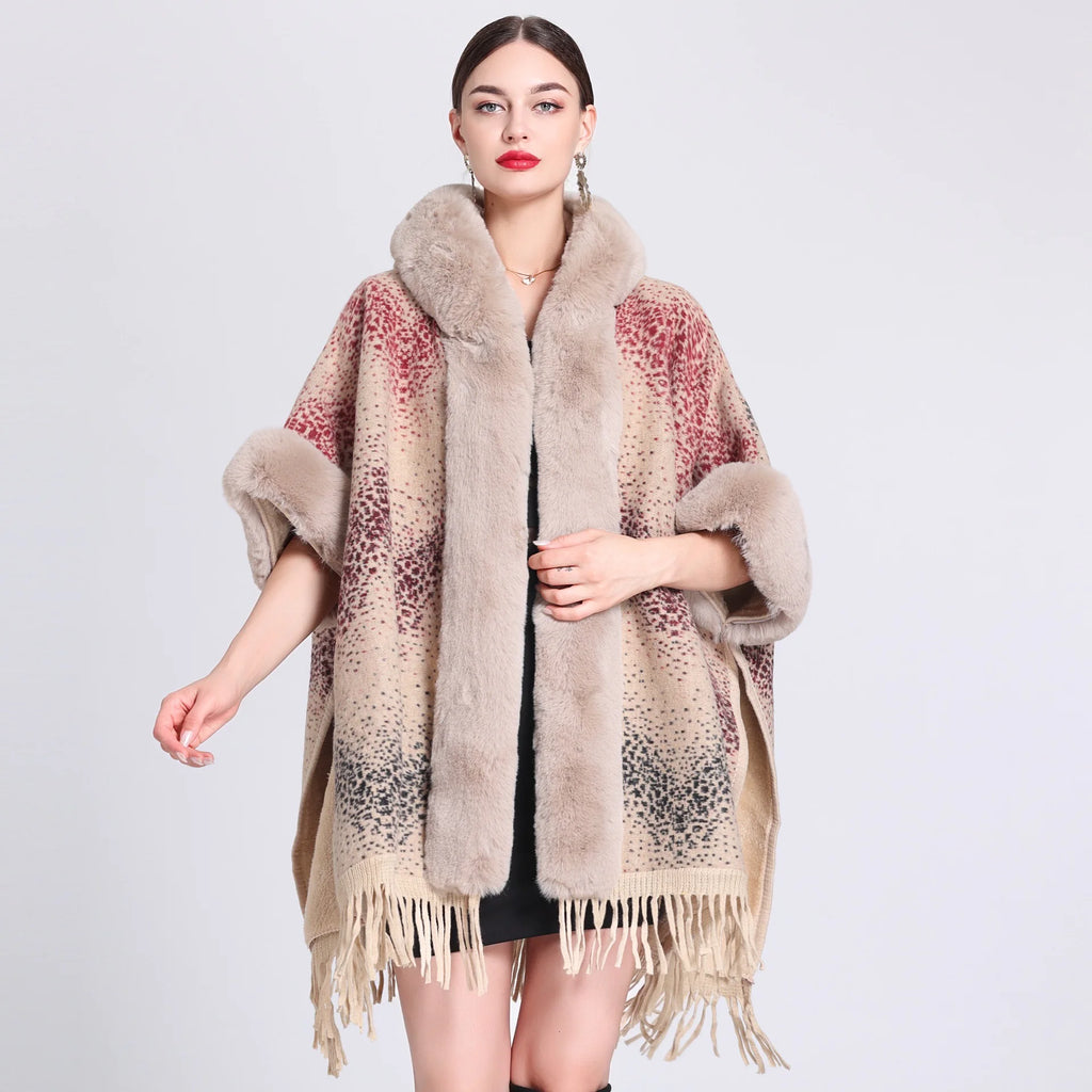 Fur Collar Knitted Poncho with Hoodie - CHRISTOPHER RICHARDSON LIFESTYLE BOUTIQUE