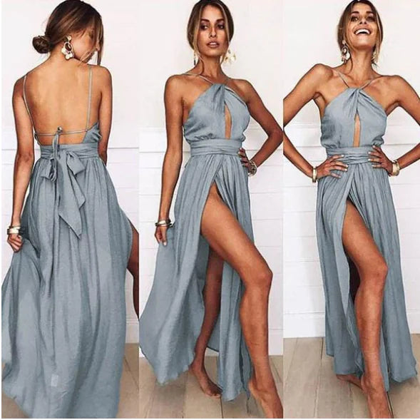 Backless Halter Neck Maxi Dress with Slits