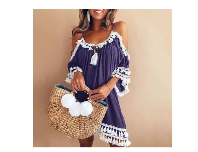 Fringe Neckline Solid Color Off-Shoulder Dress