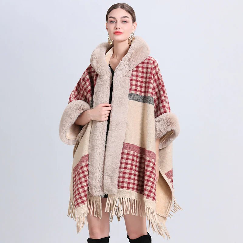 Fur Collar Knitted Poncho with Hoodie - CHRISTOPHER RICHARDSON LIFESTYLE BOUTIQUE