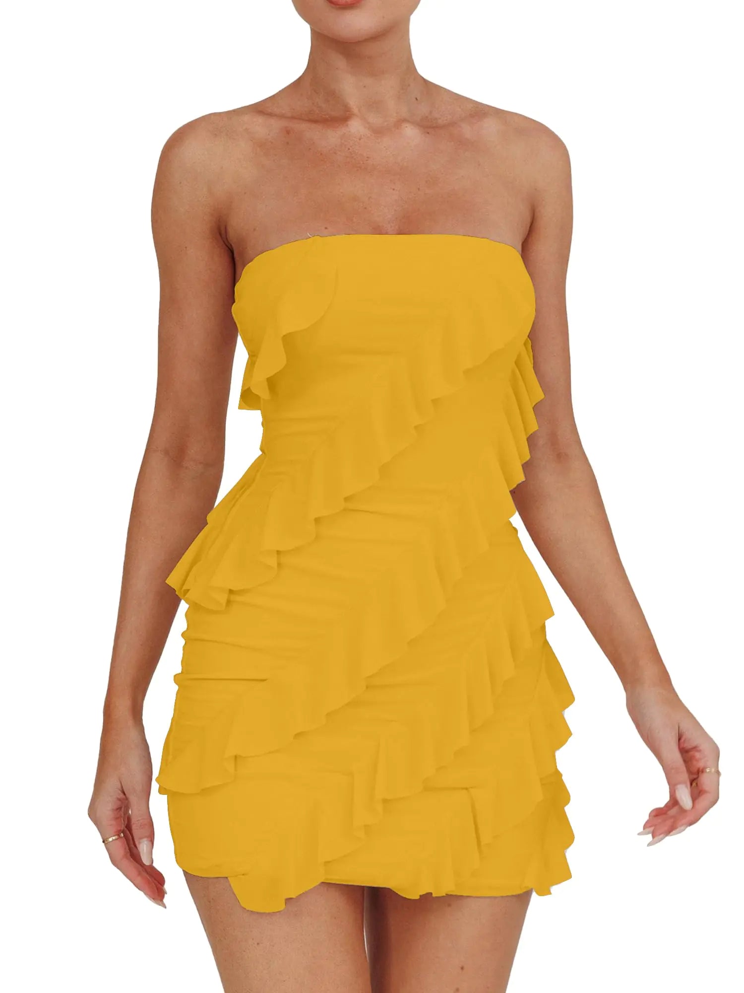 HOCILLE Womens Sexy Strapless Tube Top Bodycon Sleeveless Ruffle Mini Party Dress X-Small Yellow