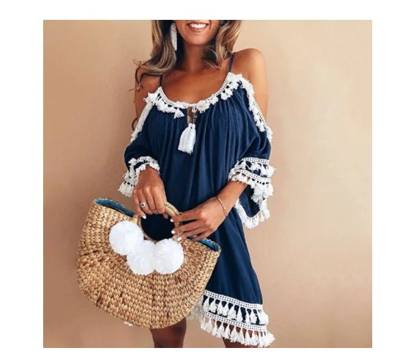 Fringe Neckline Solid Color Off-Shoulder Dress