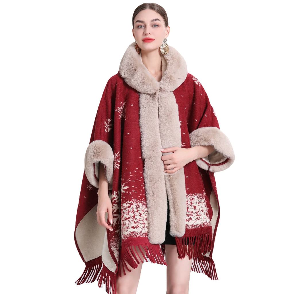 Fur Collar Knitted Poncho with Hoodie - CHRISTOPHER RICHARDSON LIFESTYLE BOUTIQUE