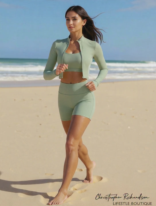 AGYMNX Workout Sets for Women 3 Piece High Waisted Seamless Shorts Crop Top Jacket Gym Yoga Outfit Stretchy Sports Bra Sets Green XL