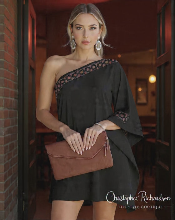 Off-Shoulder Lace Trim Solid Color Dress