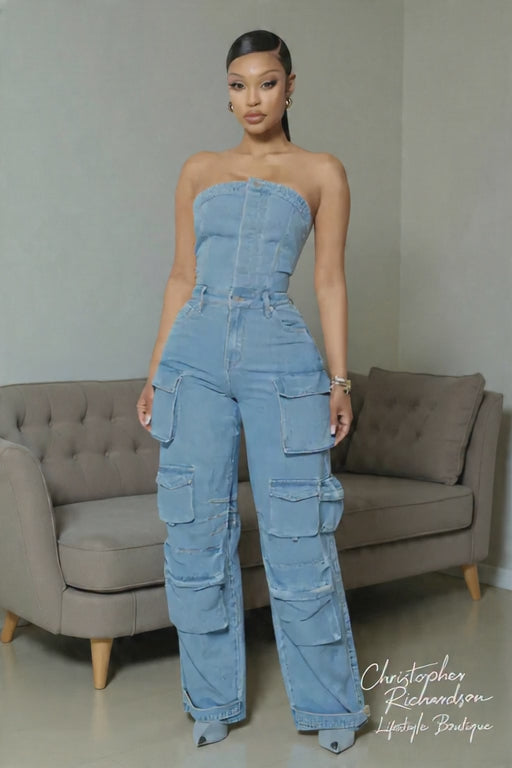 FF1287 Women's Sleeveless Solid Color Denim Jumpsuit