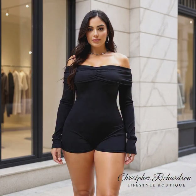 ECHOINE Women Sexy Off Shoulder Short Jumpsuit Ruched Bodycon Romper Long Sleeve One Piece Outfits Black XL