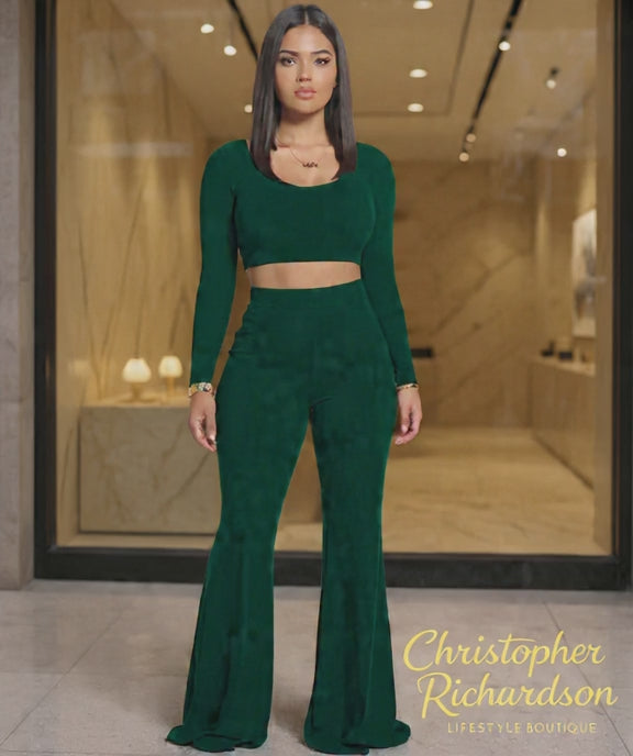 Women 2 Piece Outfits Sexy Crop Top and Skinny Pants Bodycon Tracksuits Set Dark Green