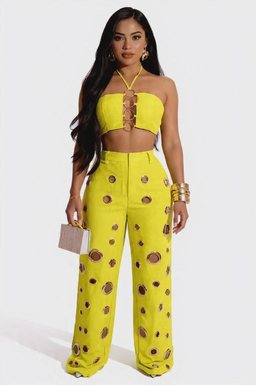BOKITECAO Womens Sexy Hollow Out 2 Piece Outfit Crop Tops Pants Sets Bodycon Jumpsuits Outfits