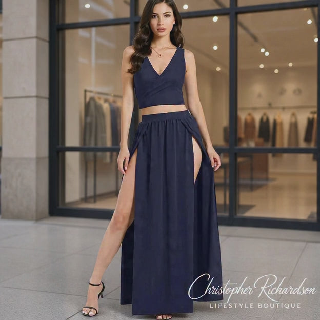 SILUI Womens Two Piece Skirt Set 2024 Summer Crop Top Double High Slit Sexy Plus Size Flowy Maxi Skirts Outfits Navy
