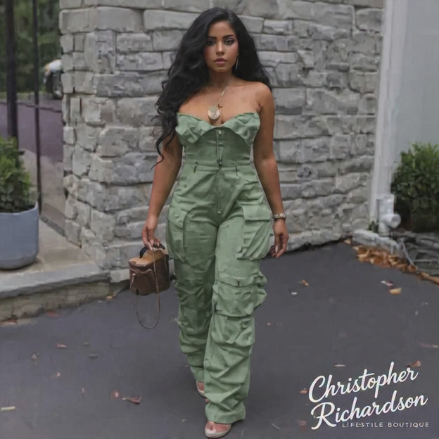 2024 Women's Fashion Sexy Strapless Jumpsuit with Pockets
